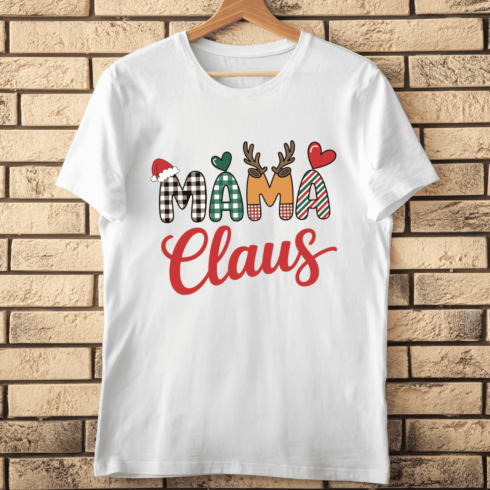 Plaid Mama Claus with Santa Hat and Reindeer Antlers T-Shirt Design cover image.