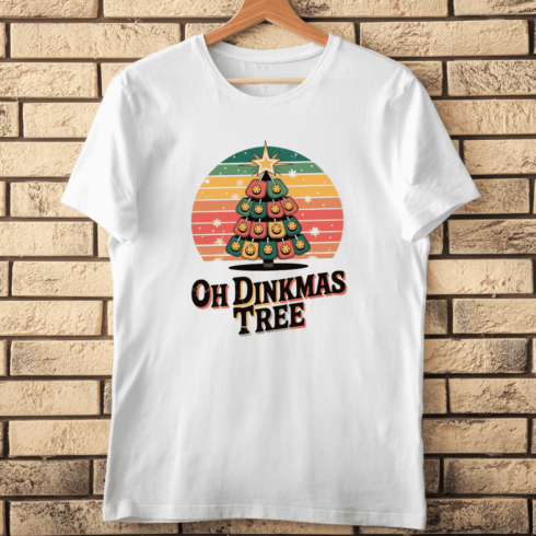 Groovy 70s Style Pickleball Festive Tree T-Shirt Design cover image.