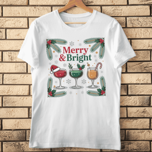 Winter Season Party Drinks with Pine and snowflakes T-Shirt Design cover image.