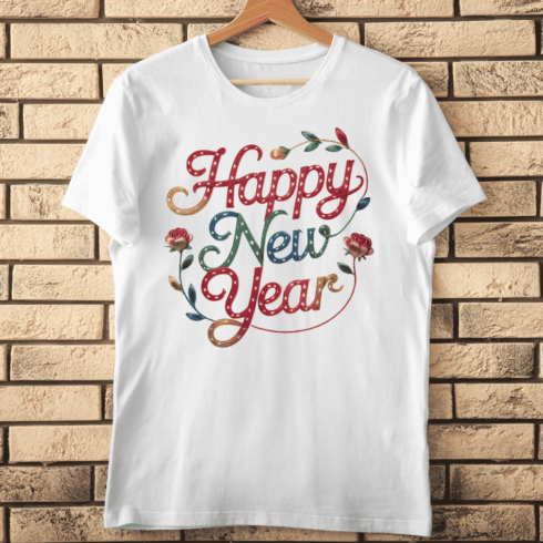Textured Embroidery Style Happy New Year T-Shirt Design cover image.