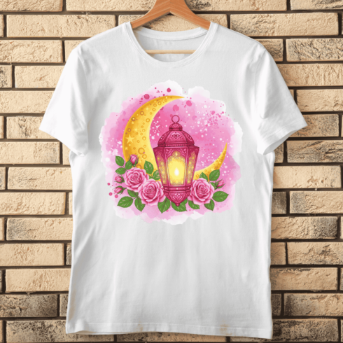 Watercolor Ramadan Lantern with Golden Crescent Moon T-Shirt Design cover image.