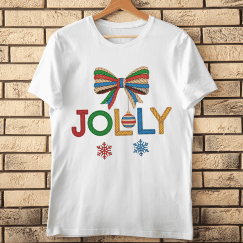 JOLLY Text with Decorative Bow and Bauble T-Shirt Design cover image.
