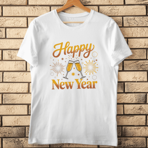 Elegant Gold Script Happy New Year and Cheers Champagne Glasses T-Shirt Design cover image.