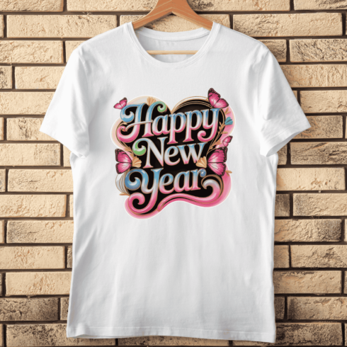 Vibrant Pop Art Happy New Year Greeting T-Shirt Design cover image.