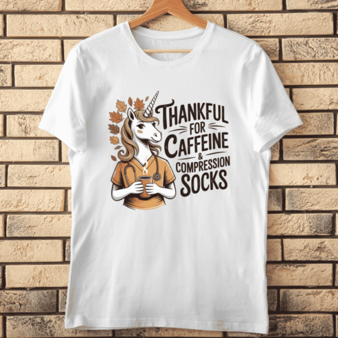 Thankful for Caffeine and Compression Socks T-Shirt Design cover image.
