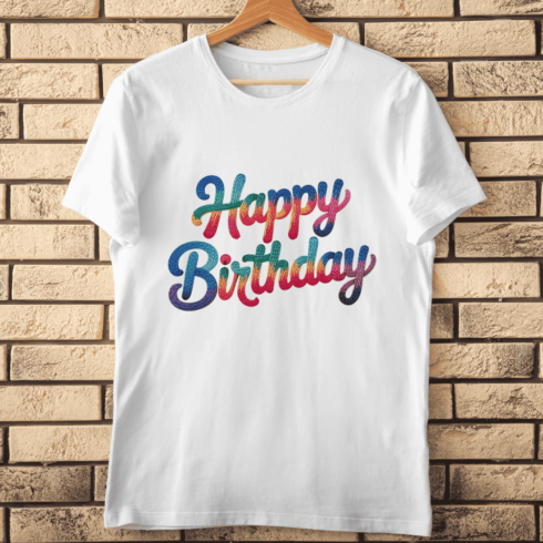 Embroidered Rainbow Happy Birthday Text T-Shirt Design cover image.