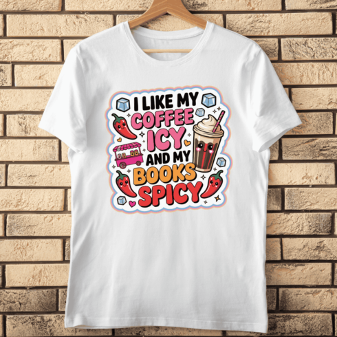 Cute Iced Coffee and Spicy Books T-Shirt Design cover image.