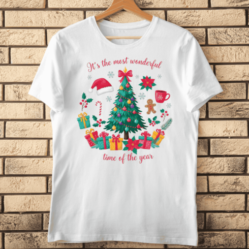 Wonderful Time of the Year Text with Tree and Holiday Elements T-Shirt Design cover image.