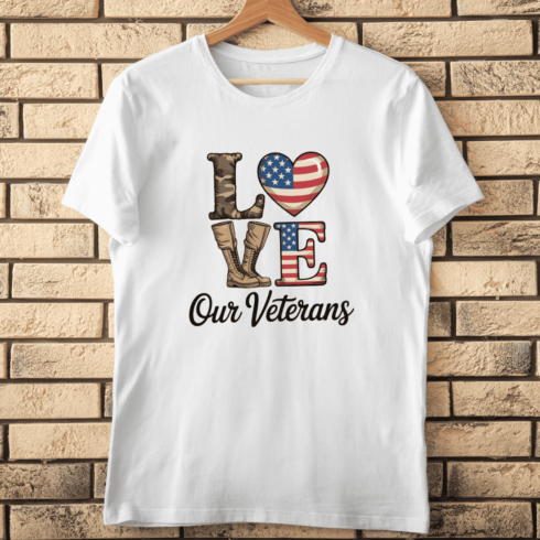 LOVE Our Veterans Patriotic Military T-Shirt Design cover image.