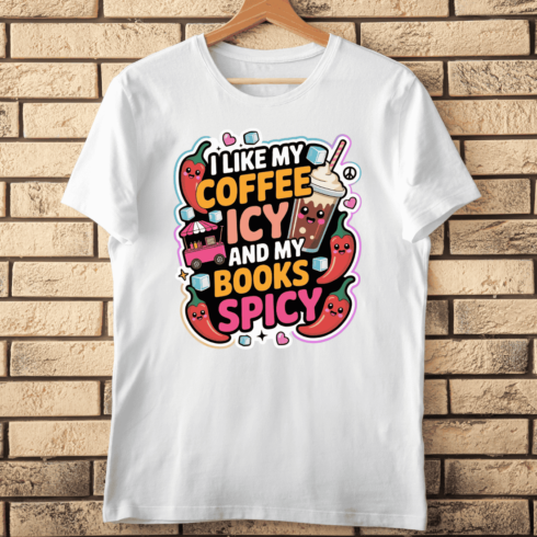 Book Lover with Iced Coffee and Chili Peppers T-Shirt Design cover image.