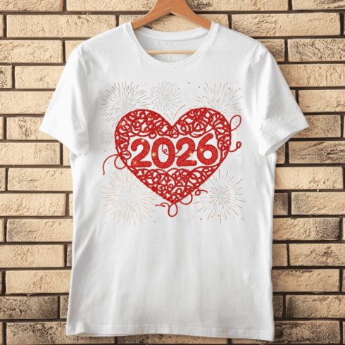 2026 Red Yarn Heart with Fireworks T-Shirt Design cover image.