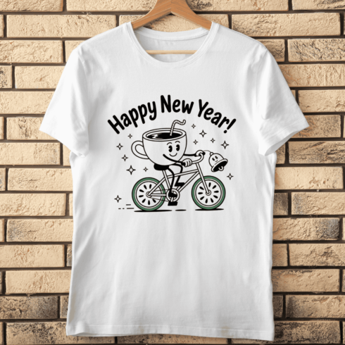 Retro Black and White Cartoon with Happy New Year Text T-Shirt Design cover image.