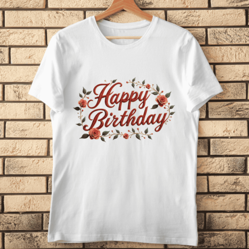 Elegant Floral Happy Birthday with Red and Gold Roses T-Shirt Design cover image.