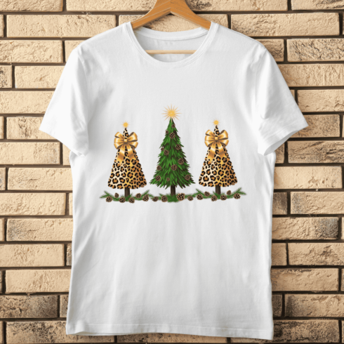 Leopard Print Pine Trees with Golden Bows T-Shirt Design cover image.