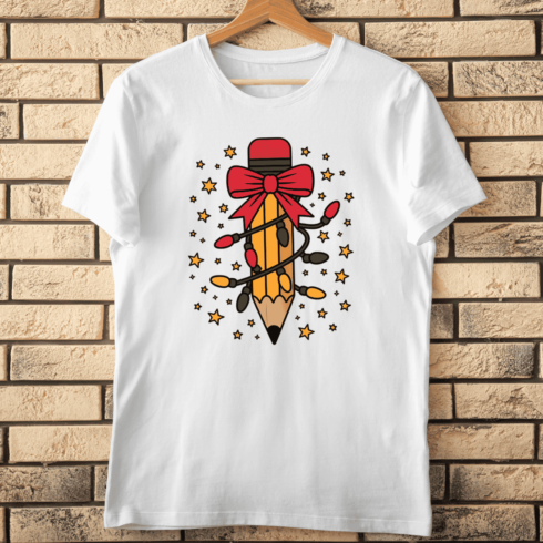 Festive Starry Pencil with Red Bow T-Shirt Design cover image.