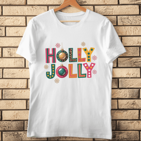 Retro Holiday Text Holly Jolly with Funky Patterns and Ornaments T-Shirt Design cover image.
