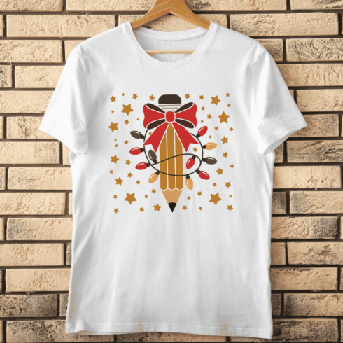 Pencil Wrapped in String Lights and Bow T-Shirt Design cover image.