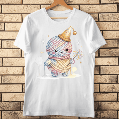 Cute Watercolor Yarn Ball with Sparkler and Party Hat T-Shirt Design cover image.