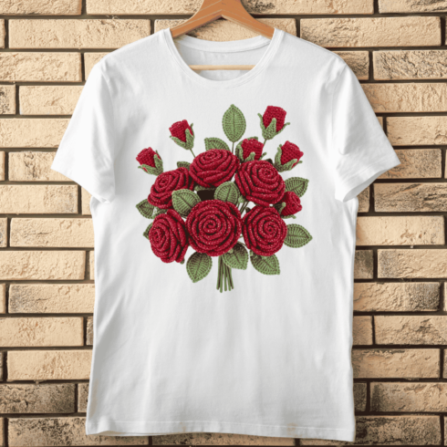 Knitted Yarn Flowers Red Crochet Rose T-Shirt Design cover image.