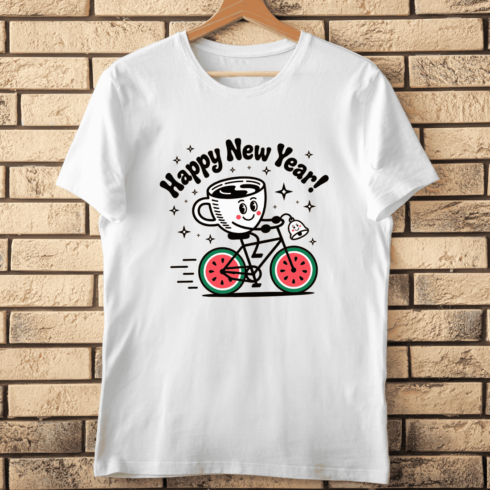 Retro Cartoon Coffee and Watermelon New Year T-Shirt Design cover image.