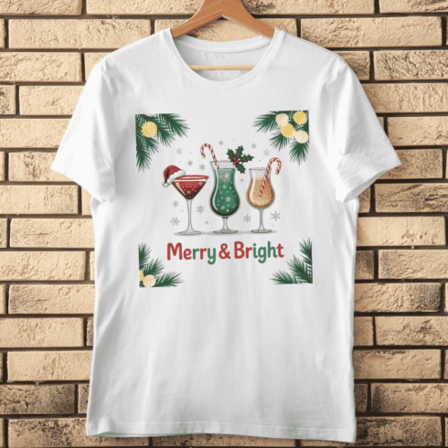 Merry & Bright Festive Cocktails T-Shirt Design cover image.
