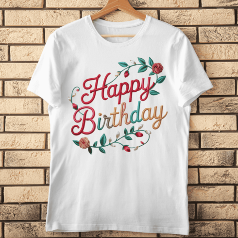 Embroidered Happy Birthday Script T-Shirt Design cover image.