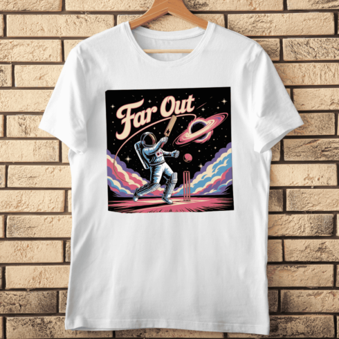 Far Out Cricket Astronaut Playing Cricket in Space T-Shirt Design cover image.