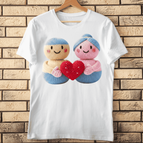 Knitted Cute Couple Holding Red Heart T-Shirt Design cover image.