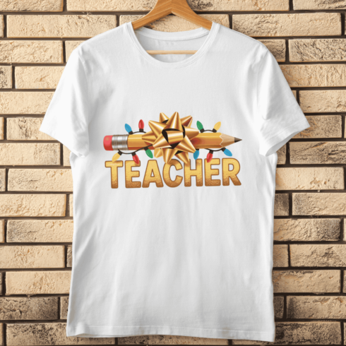 Gold Text Teacher Pencil, Yellow Bow, and Holiday Lights T-Shirt Design cover image.
