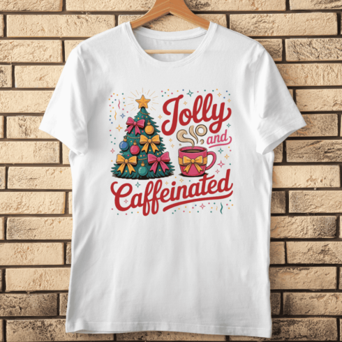 Festive Jolly and Caffeinated T-Shirt Design cover image.