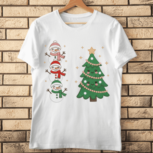 Embroidered Style Stacked Snowmen and Cute Tree T-Shirt Design cover image.
