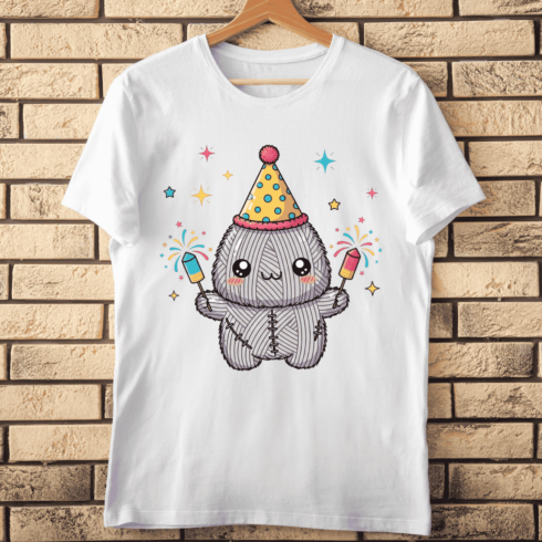 Stitched Yarn Doll with Festive Sparklers T-Shirt Design cover image.