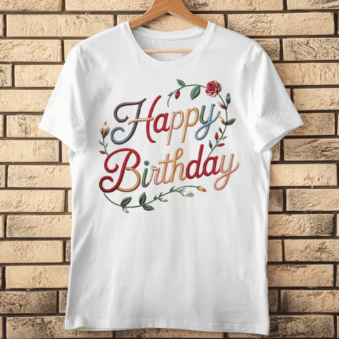 Rainbow Thread Happy Birthday Embroidery Style T-Shirt Design cover image.