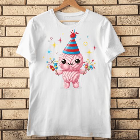 Festive Cute Yarn Ball Doll with Party Hat and Fireworks T-Shirt Design cover image.