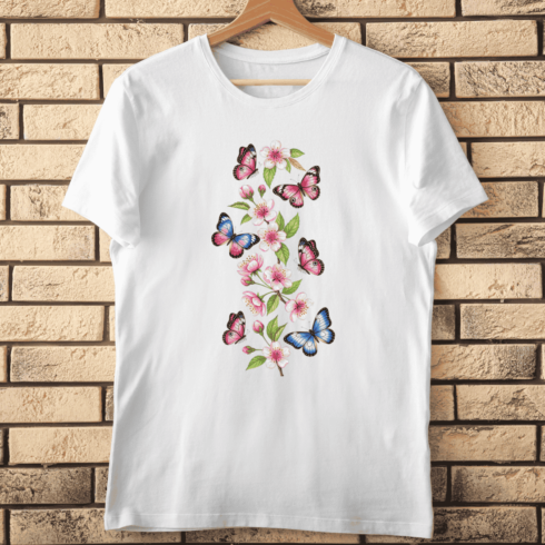 Cherry Blossom Branch and Colorful Butterflies T-Shirt Design cover image.