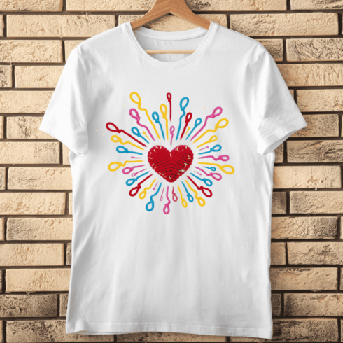 Knitted Red Heart with Burst of Colorful Yarn Spirals T-Shirt Design cover image.