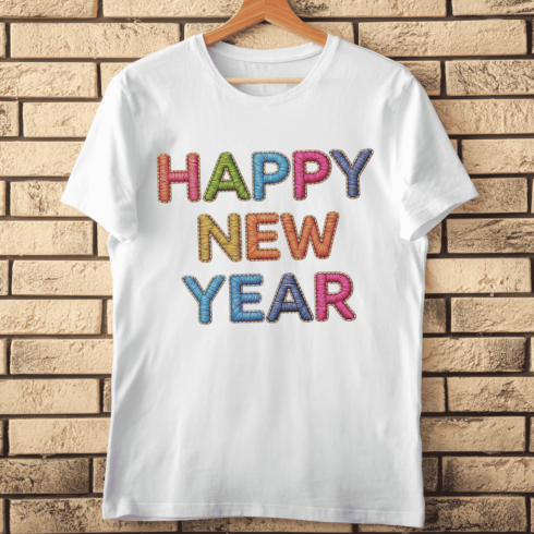 Happy New Year Text Stitched Holiday T-Shirt Design cover image.