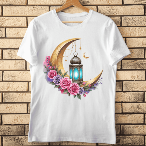 Islamic Holiday Lantern and Floral Garland on Golden Moon T-Shirt Design cover image.
