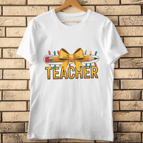 Golden Teacher Text with Pencil and Lights T-Shirt Design cover image.