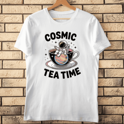 Spaceman Floating in a Planetary Mug T-Shirt Design cover image.