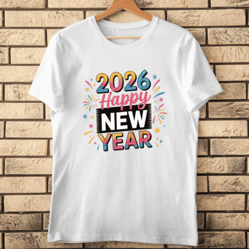 Colorful Happy New Year 2026 with Fireworks and Funky Text T-Shirt Design cover image.