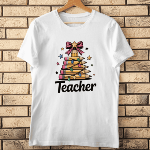 Festive Teacher Text Pencil Tree T-Shirt Design cover image.