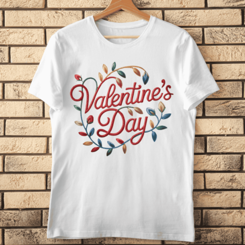 Romantic Valentine's Day Greeting Embroidered Text T-Shirt Design cover image.