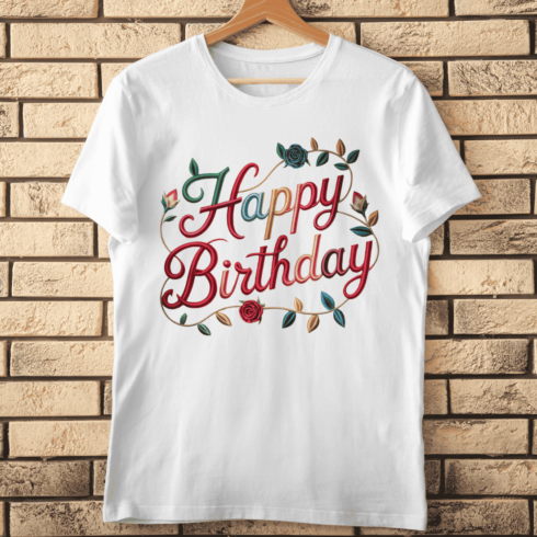 Multi-Color Embroidered Script Happy Birthday With Roses T-Shirt Design cover image.