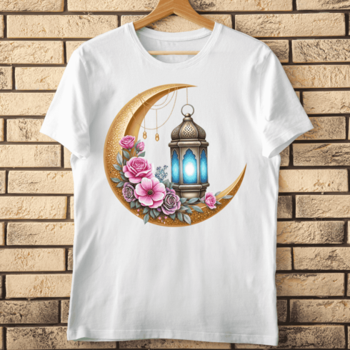 Elegant Blue Glow Lantern and Pink Purple Roses T-Shirt Design cover image.
