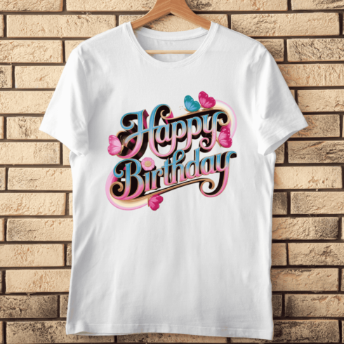Vibrant Retro Pop Art Happy Birthday Greeting T-Shirt Design cover image.