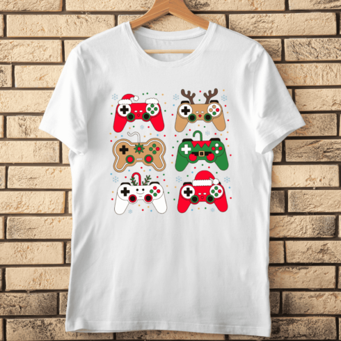 Holiday Video Game Controller with Santa Hat and Reindeer T-Shirt Design cover image.