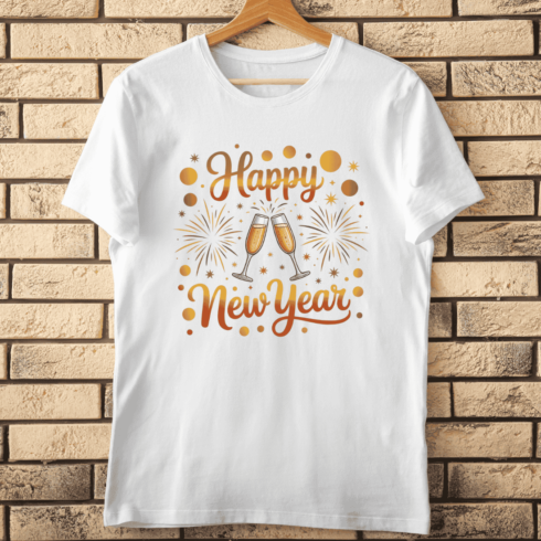 Golden Happy New Year Celebration with Champagne Glasses T-Shirt Design cover image.