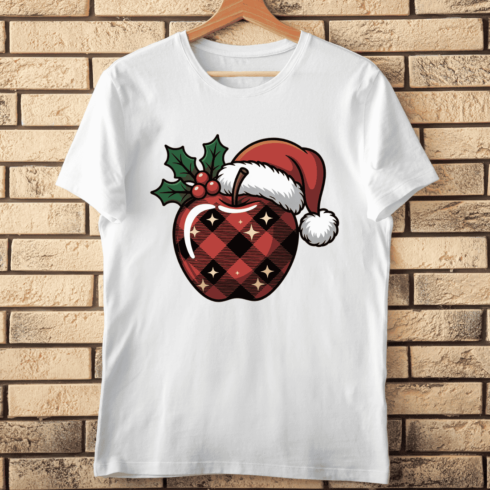 Festive Buffalo Plaid Apple with Santa Hat T-Shirt Design cover image.