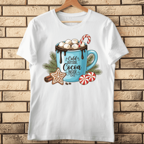 Cozy Winter Hot Chocolate with Cookie and Pine Branches T-Shirt Design cover image.